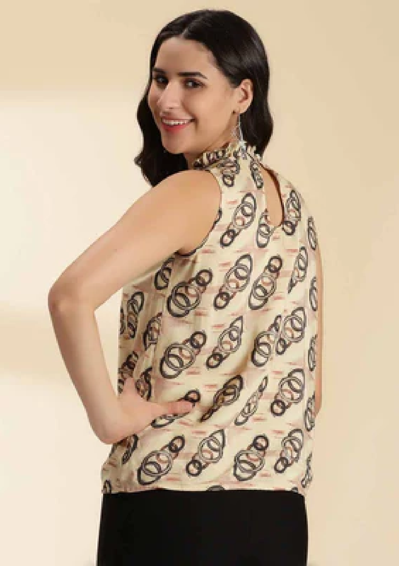 Ruffled Neckline Printed Top