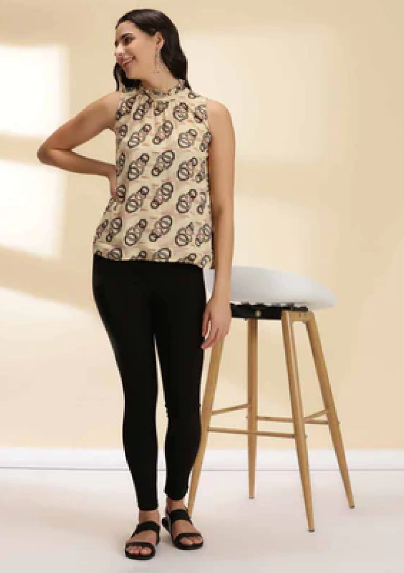 Ruffled Neckline Printed Top