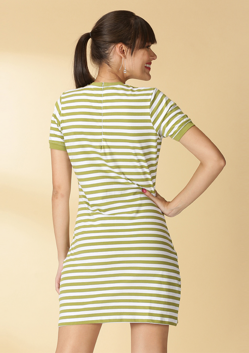 Lyra - Tan Denim Jacket with green striped T-shirt dress