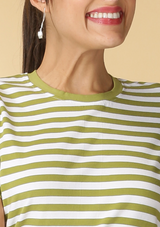 Lyra - Tan Denim Jacket with green striped T-shirt dress